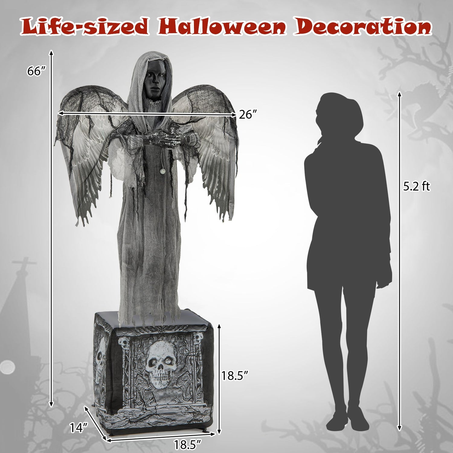 Decoración animatrónica de Halloween de 1,68 m con ojos que se iluminan y alas que se agitan