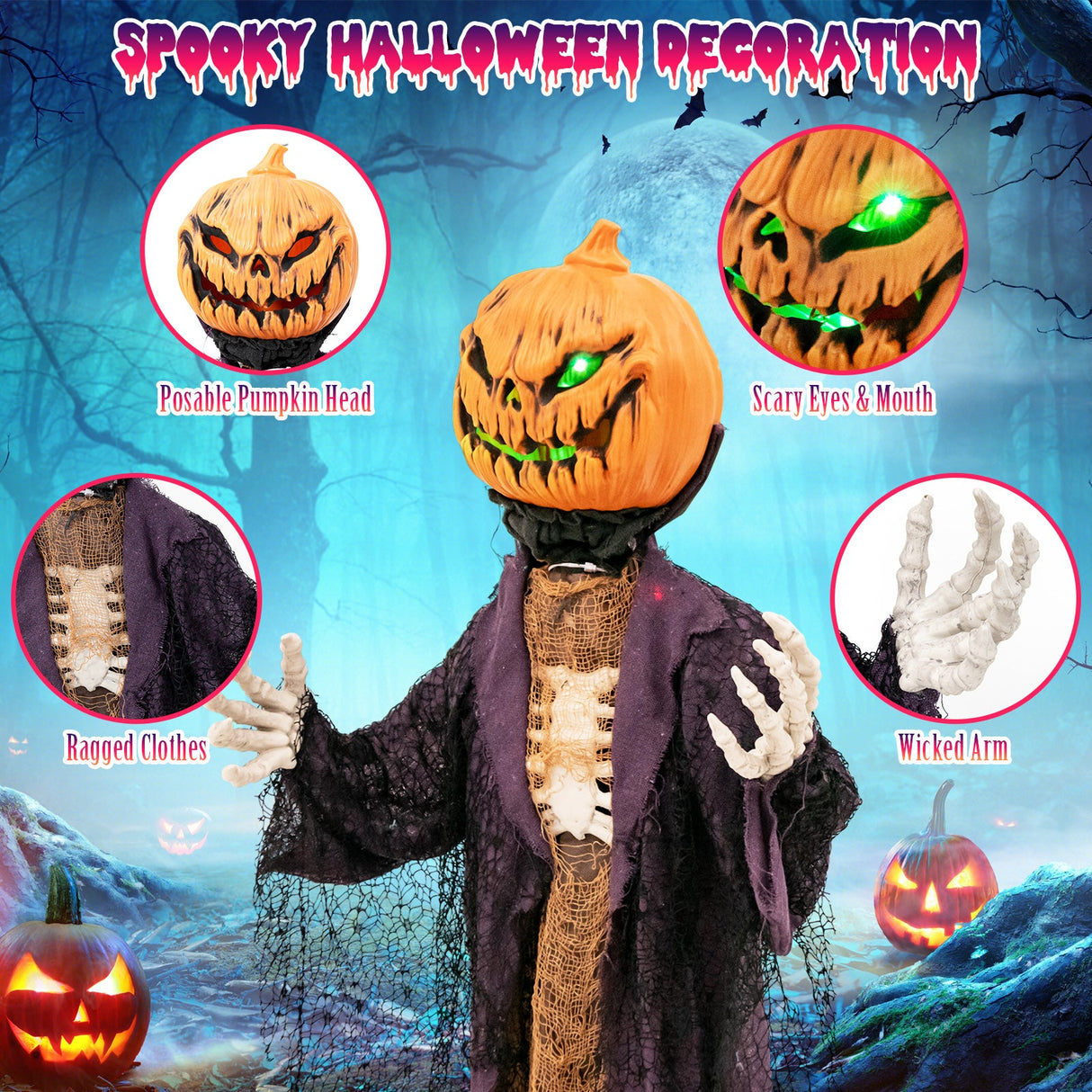 Espantapájaros de calabaza animado de Halloween de 5.6 pies