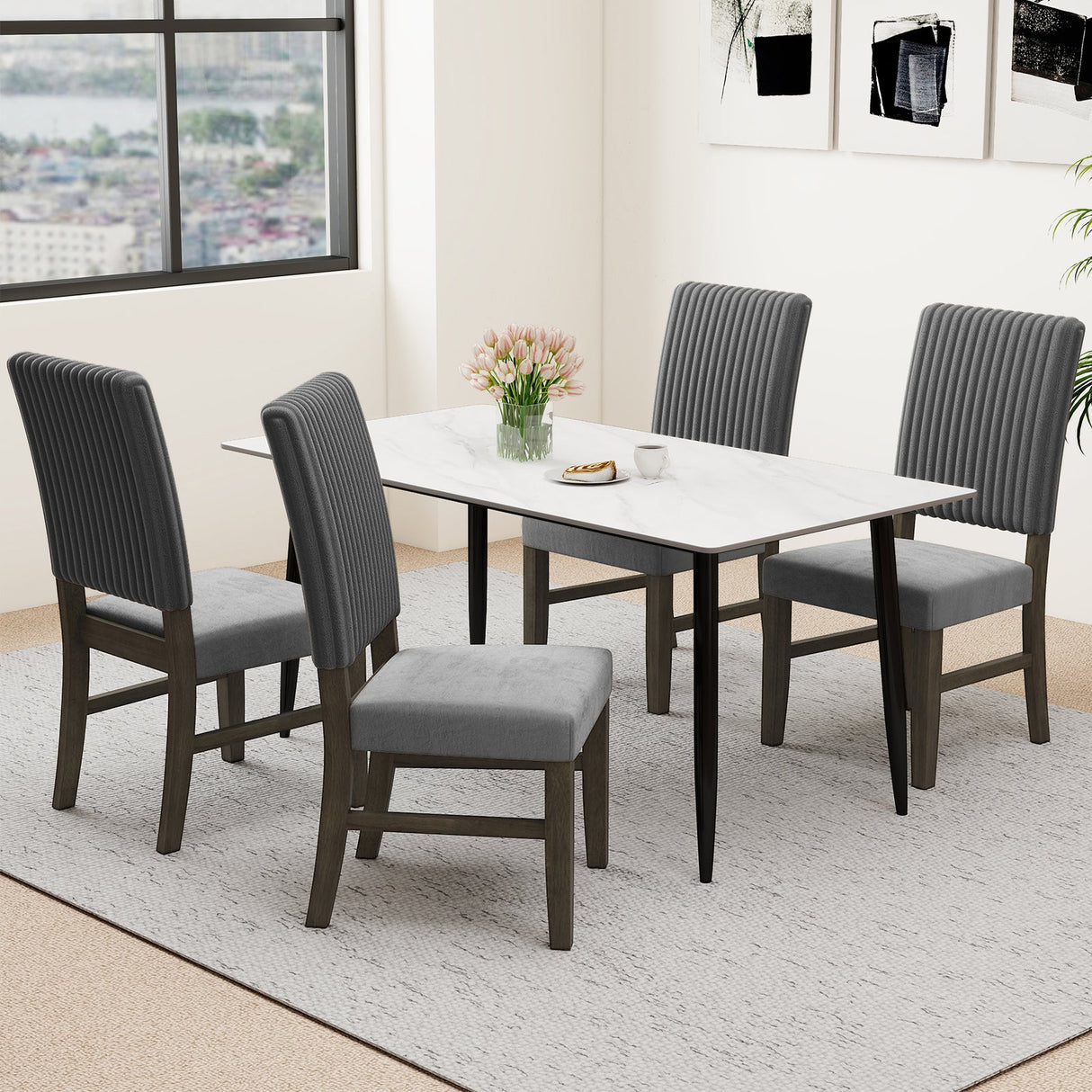 Juego de 2 sillas de comedor tapizadas en terciopelo gris, estilo moderno de mediados de siglo