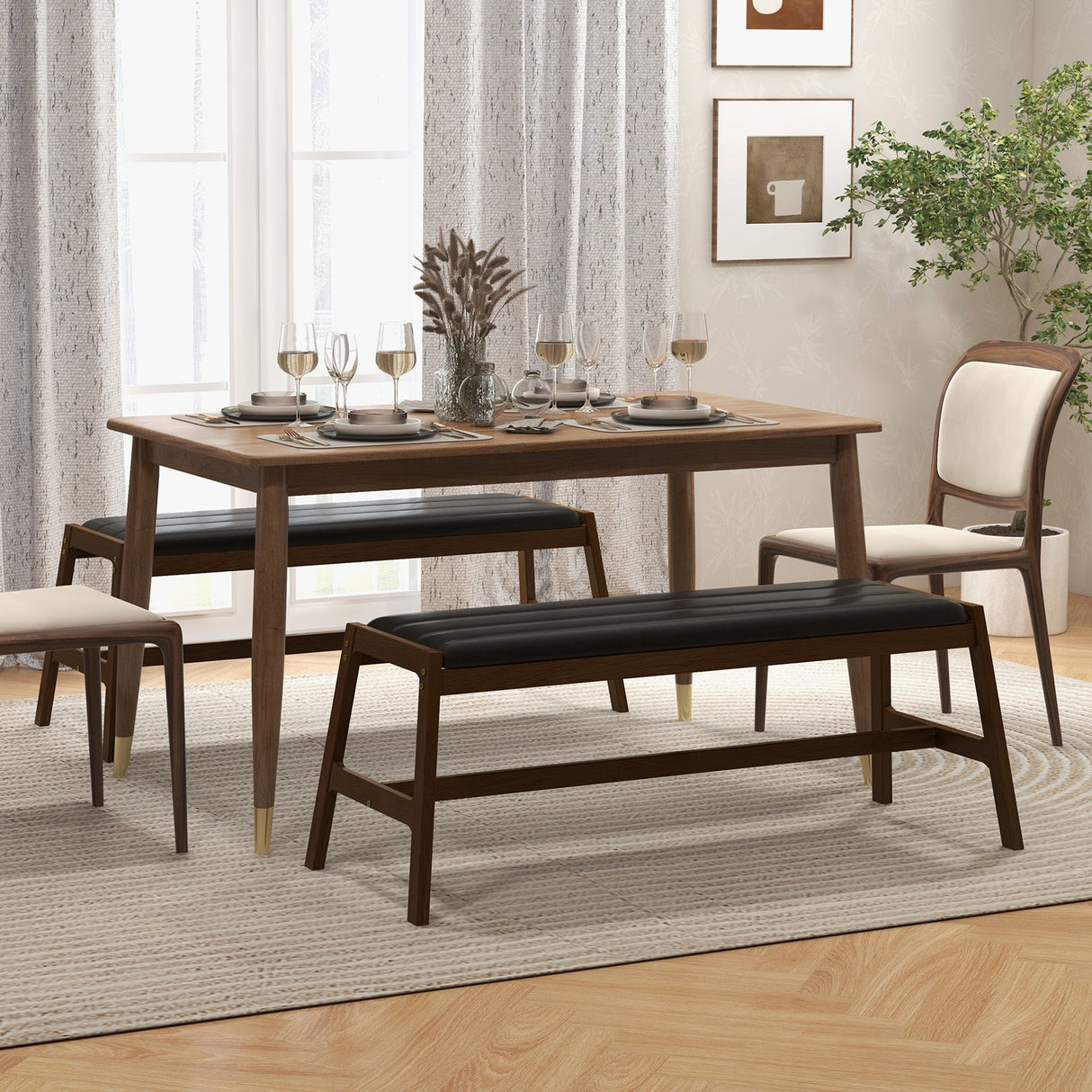 Banco de comedor de madera maciza de 50 pulgadas de largo, banco de mesa tapizado con asiento acolchado de piel sintética - Nogal