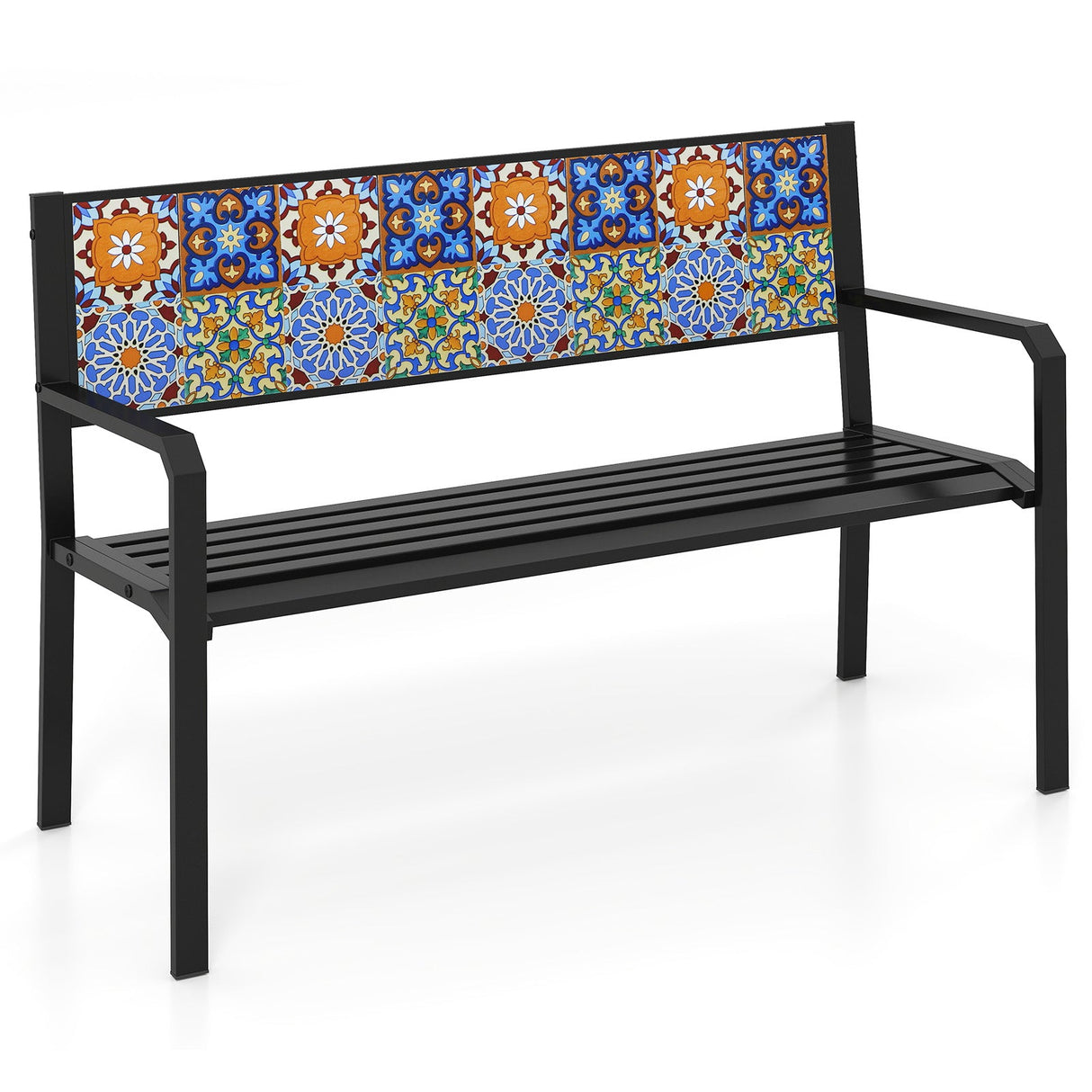 Banco de metal para patio de 50 pulgadas, sofá de dos plazas con respaldo de mosaico para 2-3 personas - Negro