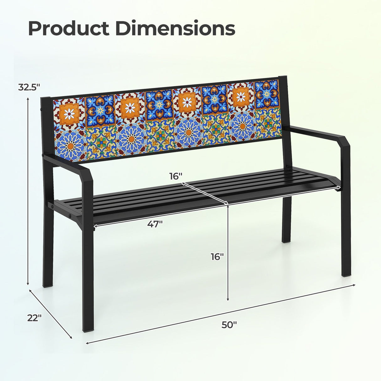 Banco de metal para patio de 50 pulgadas, sofá de dos plazas con respaldo de mosaico para 2-3 personas - Negro