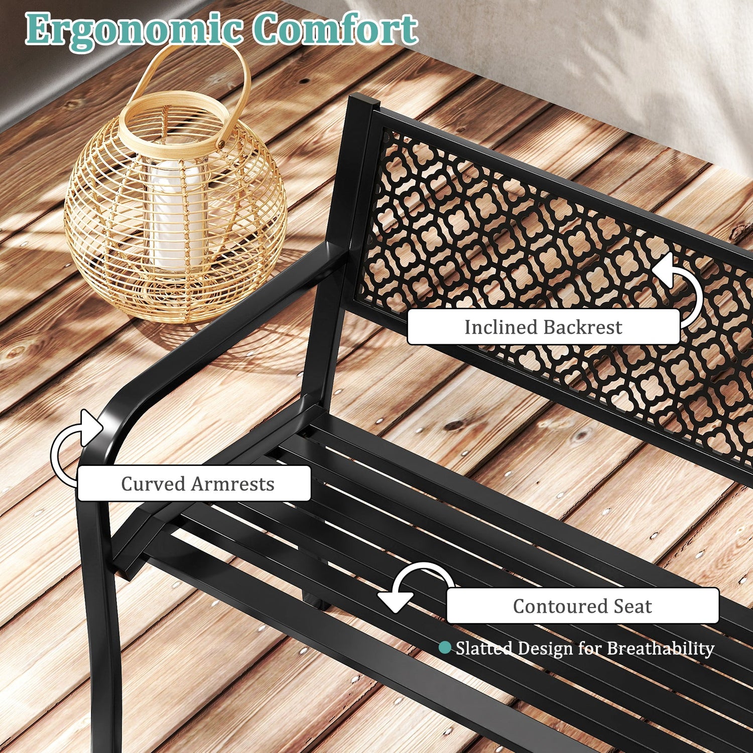 50 Inches Outdoor Garden Bench with Geometric Lattice Backrest and Slatted Seat