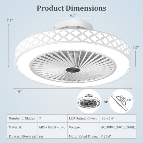 Ventilador de techo de 19 pulgadas con luz, perfil bajo, montaje empotrado - Blanco