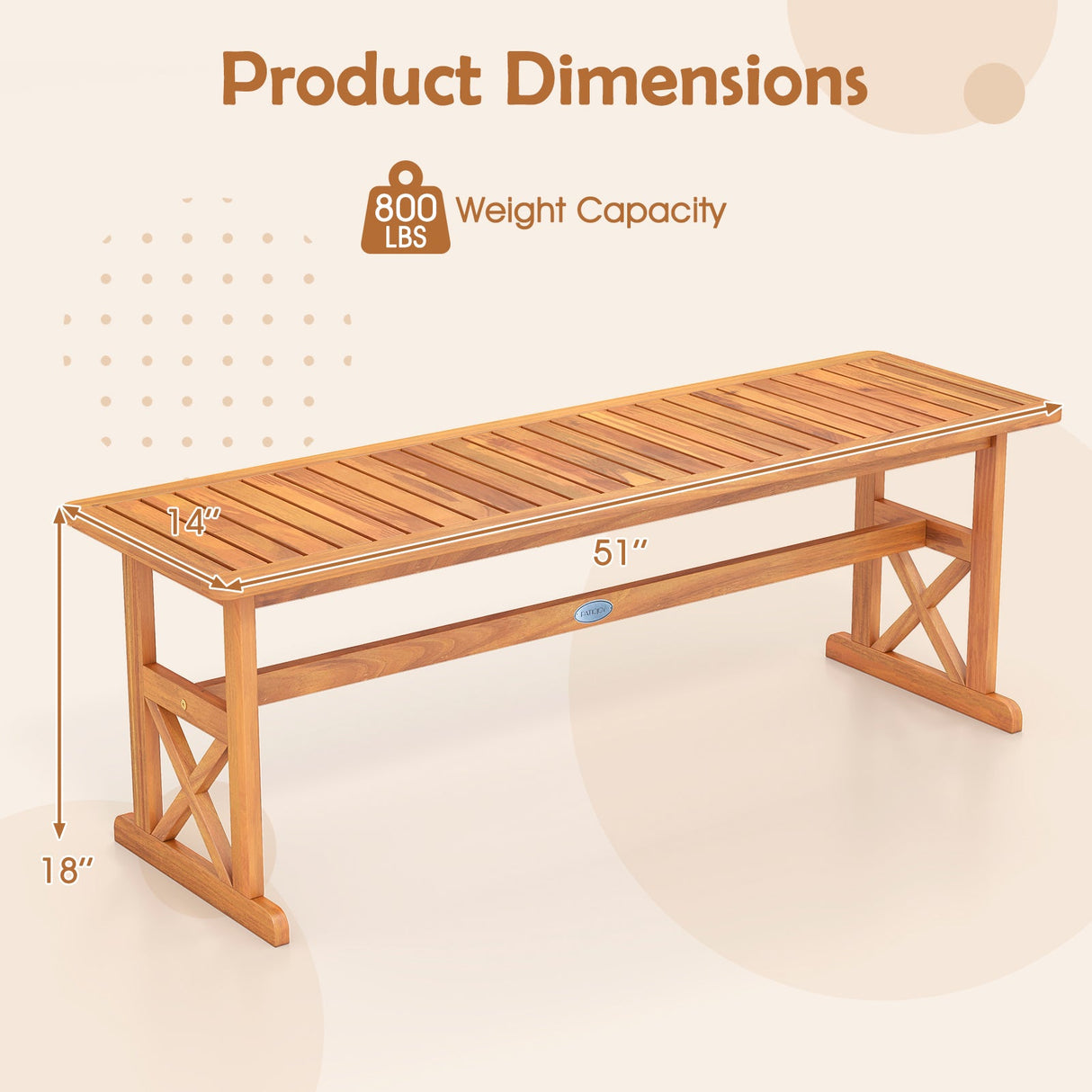 Banco de exterior de madera de acacia de 51 pulgadas con asiento de listones y capacidad de peso de 800 libras