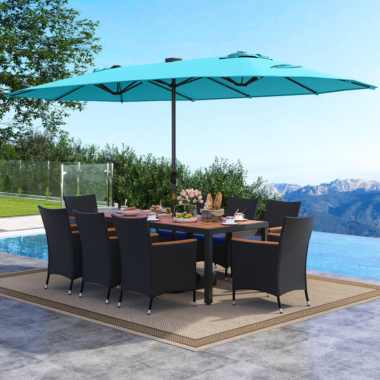 Juego de comedor de patio de 11 piezas con sombrilla LED para patio con base y cojines de asiento (azul marino)