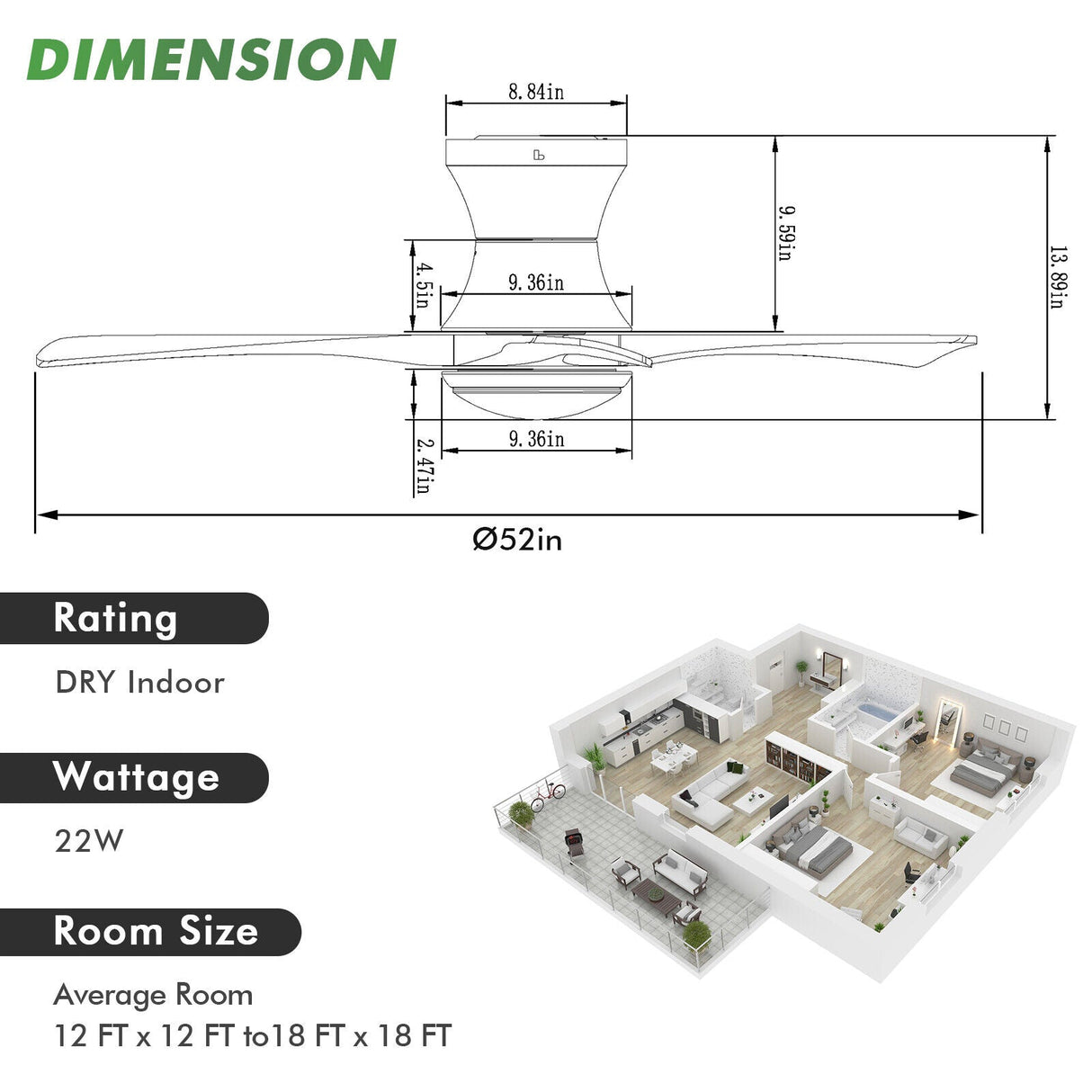 Ventilador de techo empotrado de 52 pulgadas con luz LED - Negro