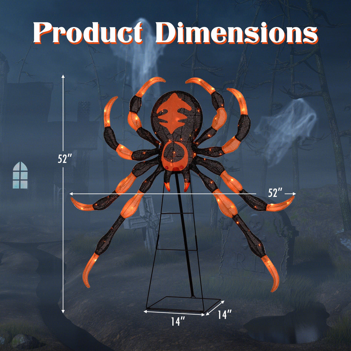 Decoración de araña de Halloween de 52 pulgadas con 16 LED parpadeantes de color blanco cálido