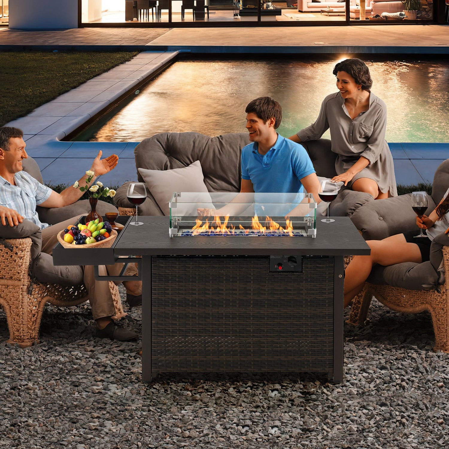 Mesa de fogata de gas de mimbre para exteriores de 52 pulgadas con cubierta