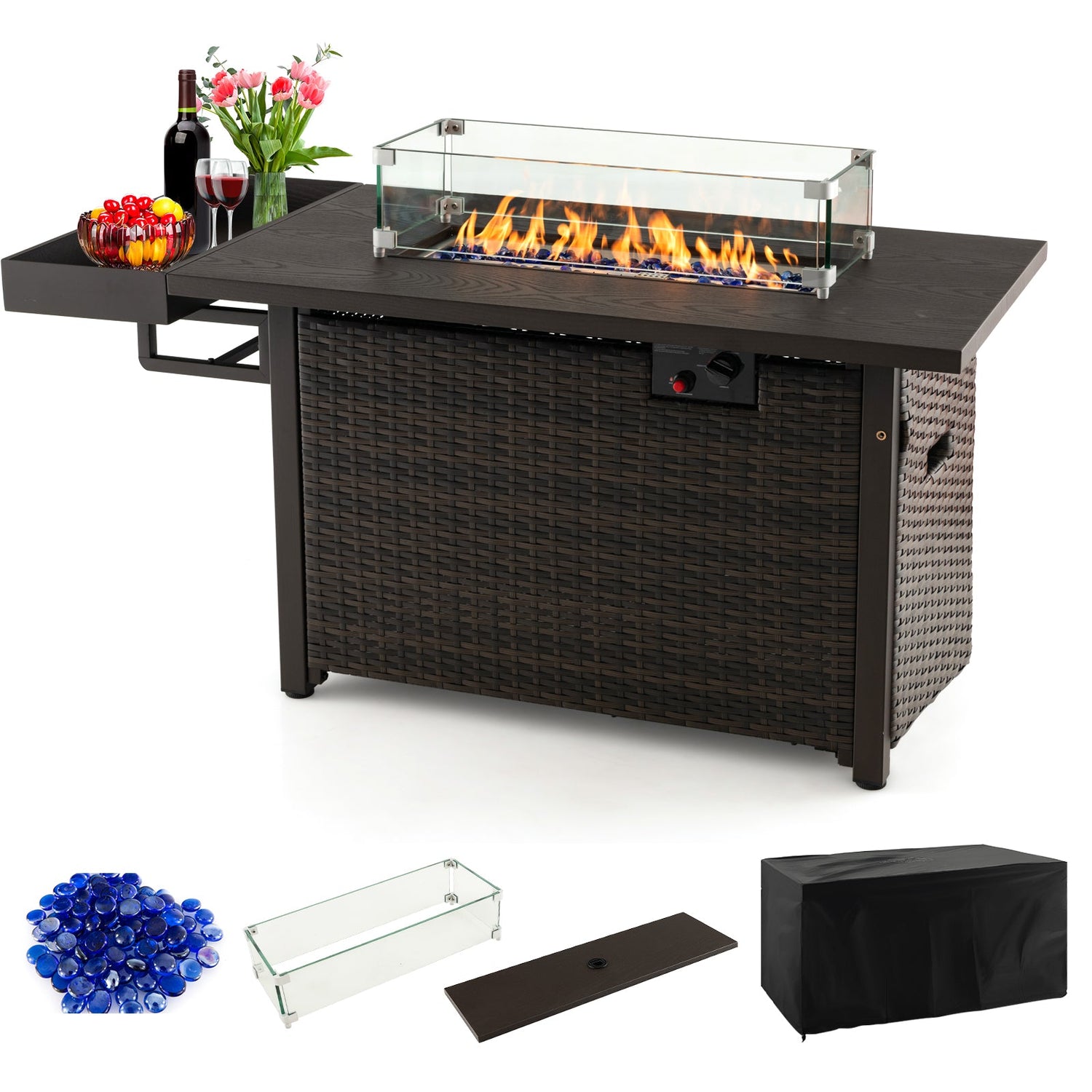 Mesa de fogata de gas de mimbre para exteriores de 52 pulgadas con cubierta