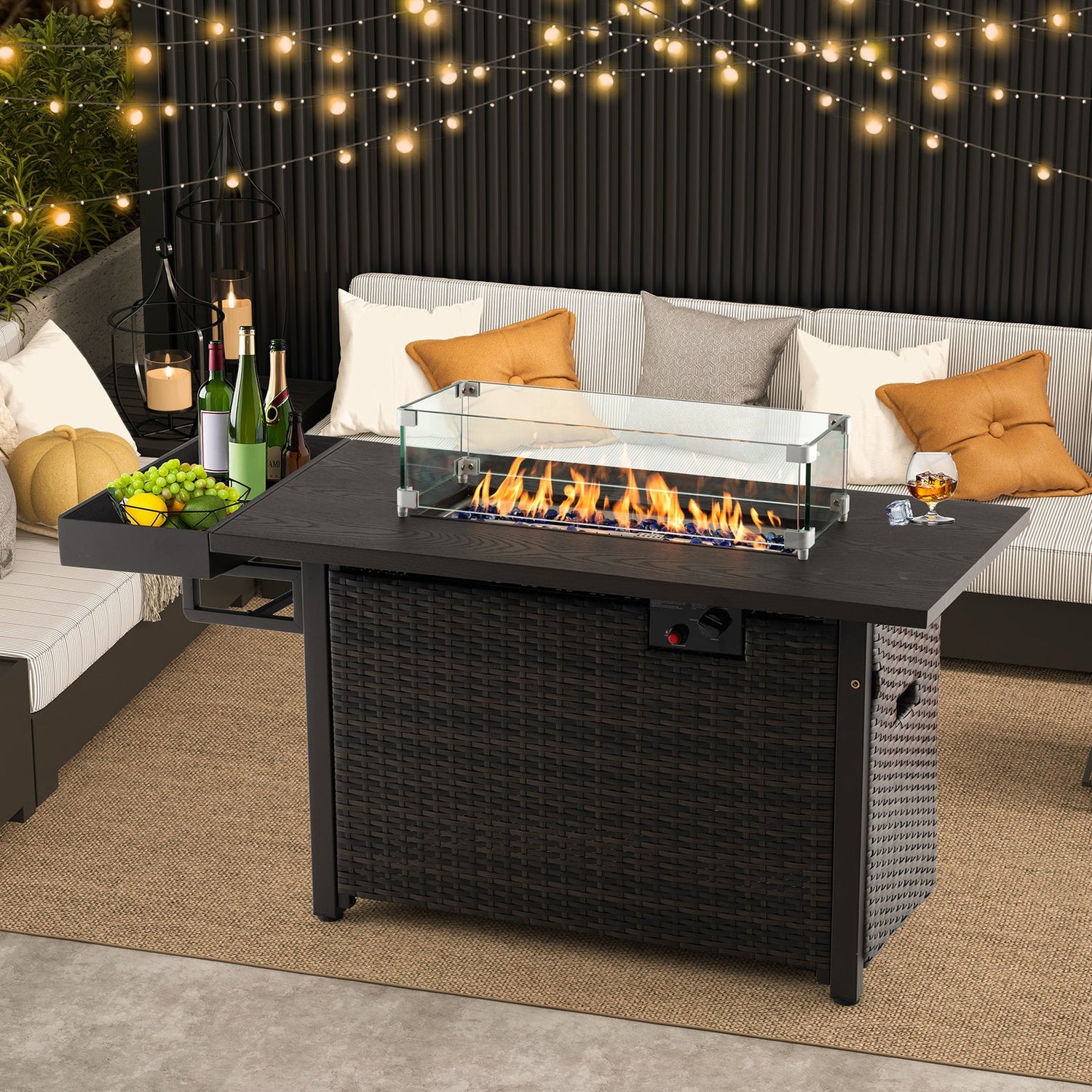 Mesa de fogata de gas de mimbre para exteriores de 52 pulgadas con cubierta