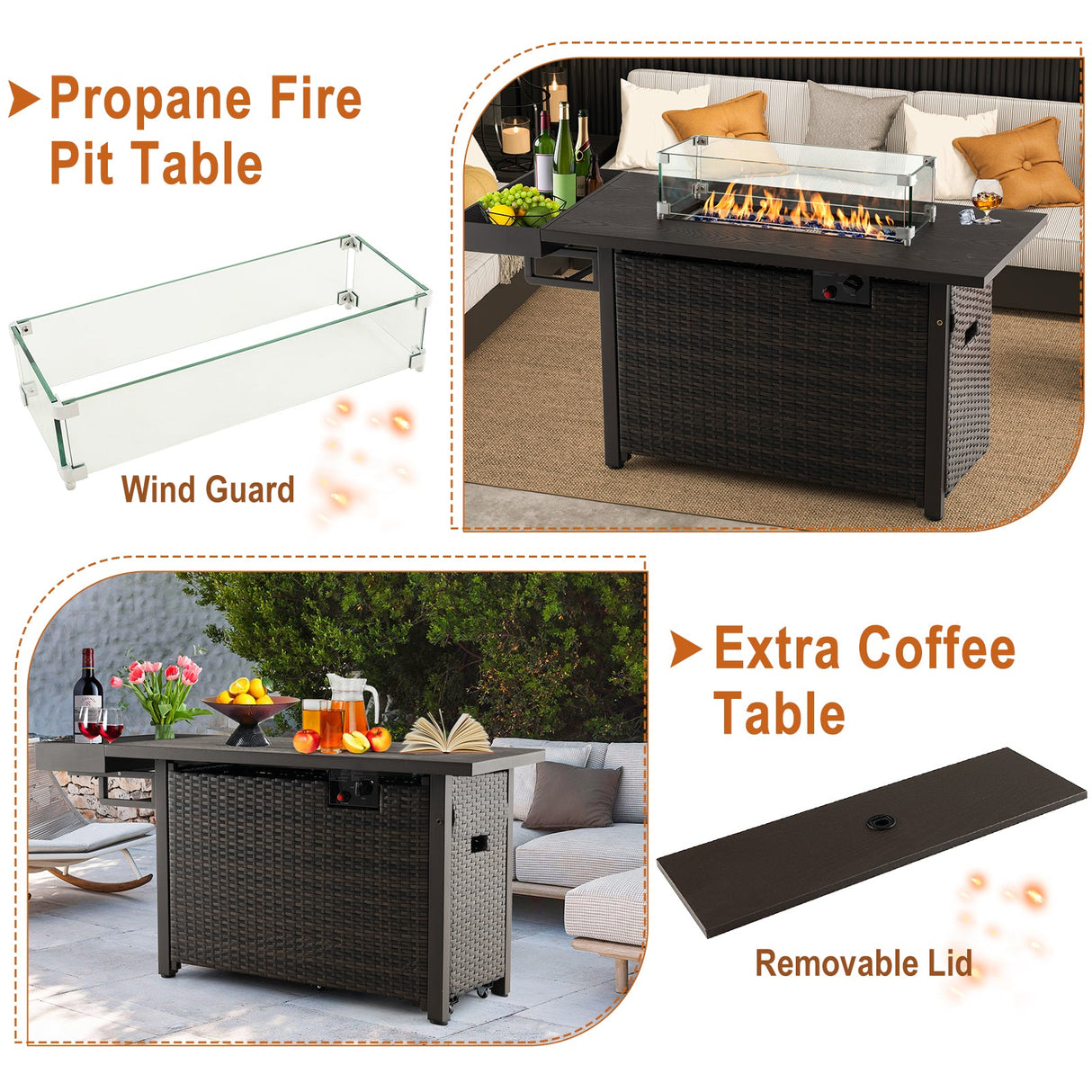 Mesa de fogata de gas de mimbre para exteriores de 52 pulgadas con cubierta