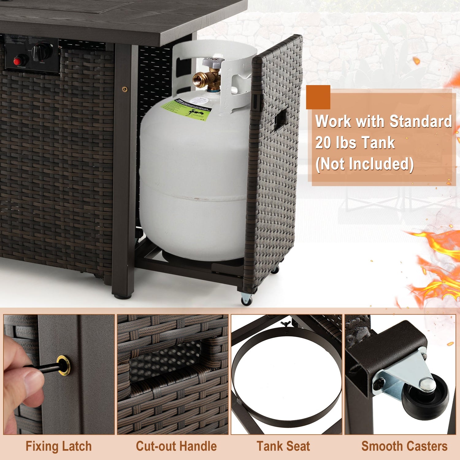 Mesa de fogata de gas de mimbre para exteriores de 52 pulgadas con cubierta