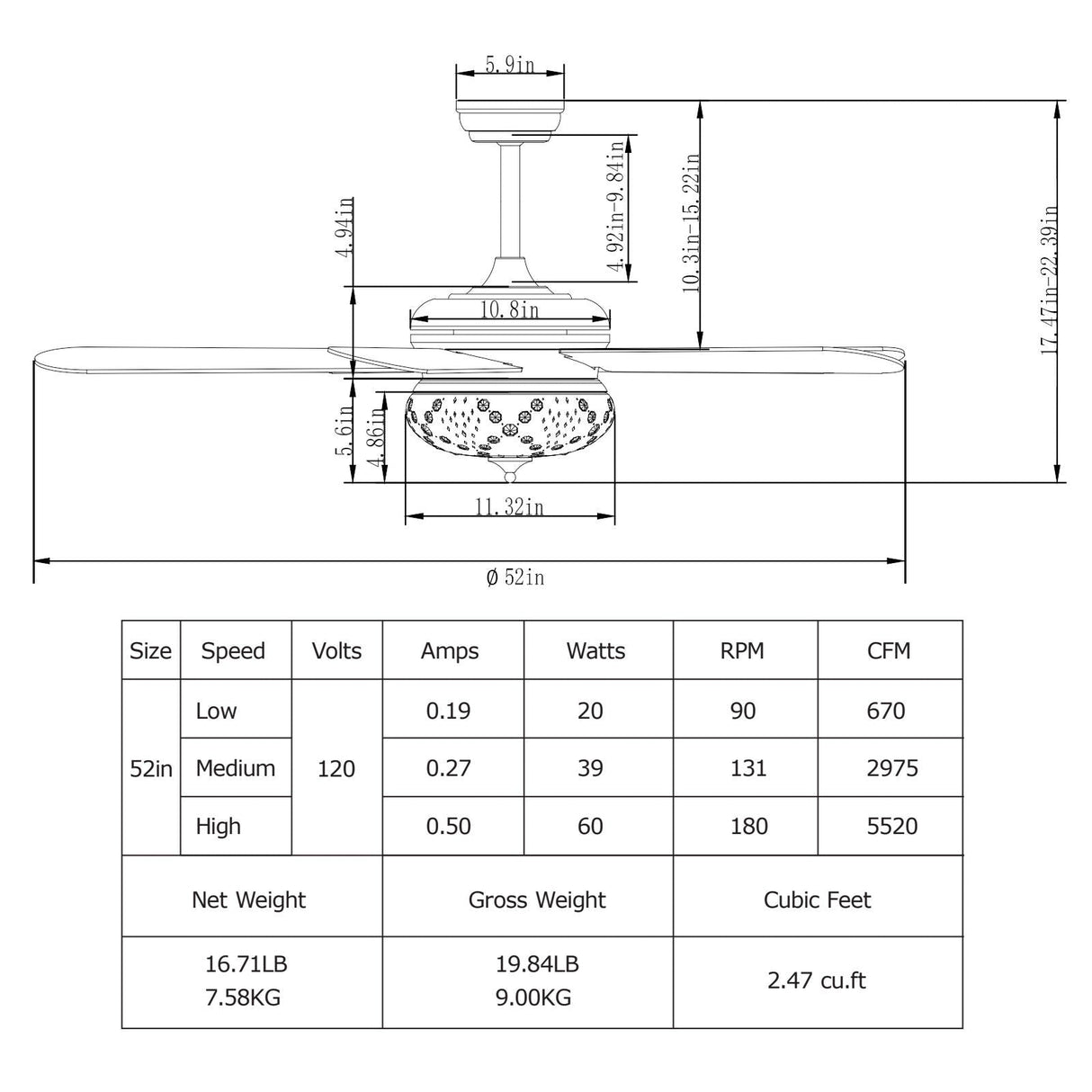 Ventilador de techo de 52 pulgadas con control remoto