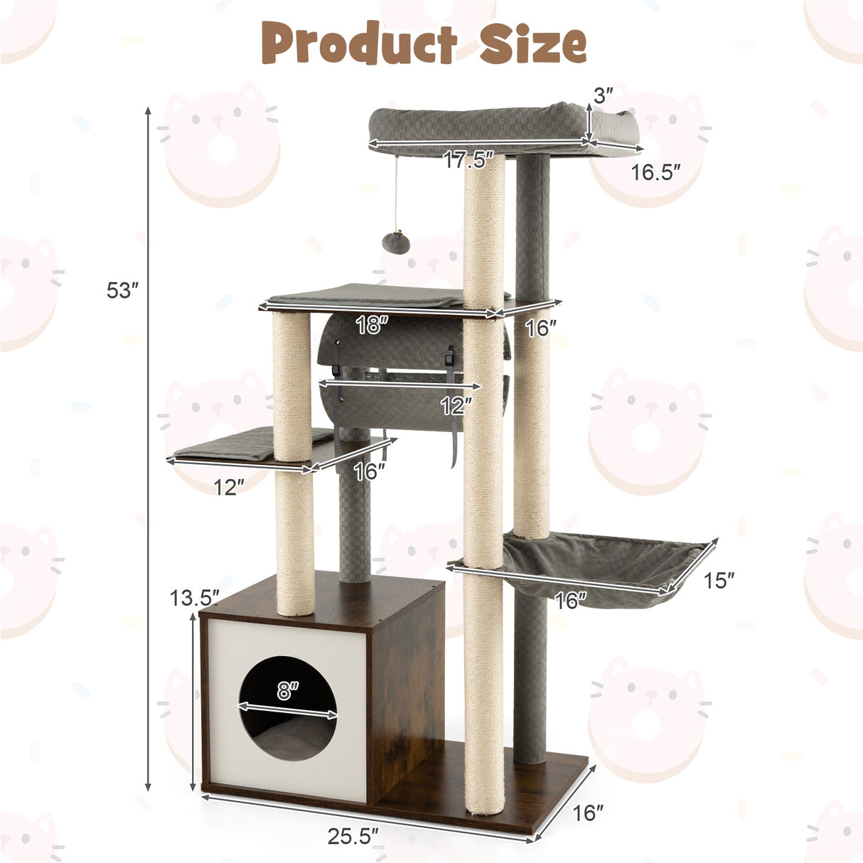 53 Inch Cat Tree with Condo and Swing Tunnel