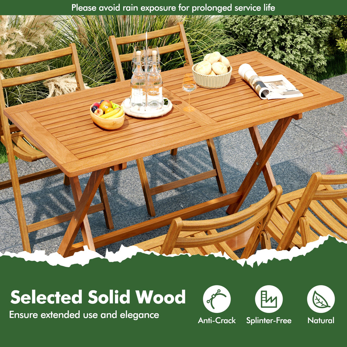 54.5 Inch x 27.5 Inch  Patio Dining Table with Teak Painting and Umbrella Hole