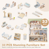 Casa de muñecas de madera para niños, casa de juegos de simulación con 33 accesorios de muebles - Verde