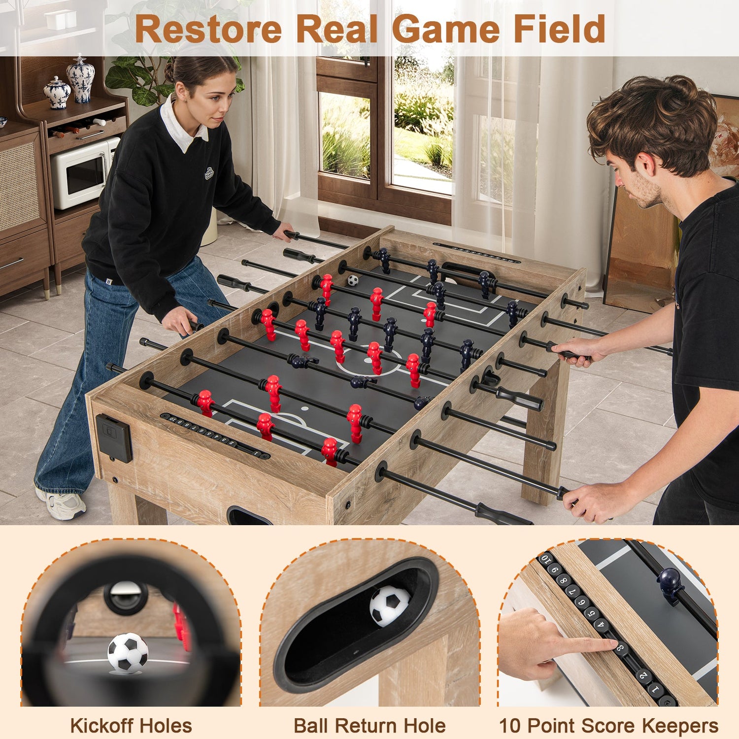 54 Inches Full Size Foosball Table with Legs 2 Balls and 2 Foldable Cup Holders for Kids Teens Adults-Natural