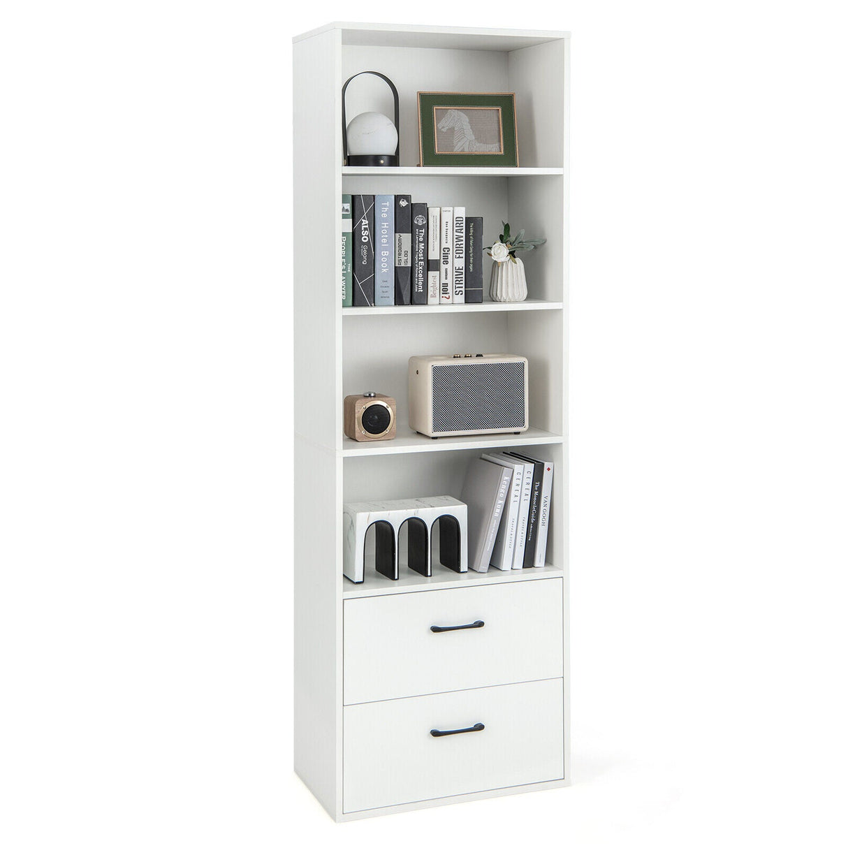 6-Tier Tall Freestanding Bookshelf with 4 Open Shelves and 2 Drawers