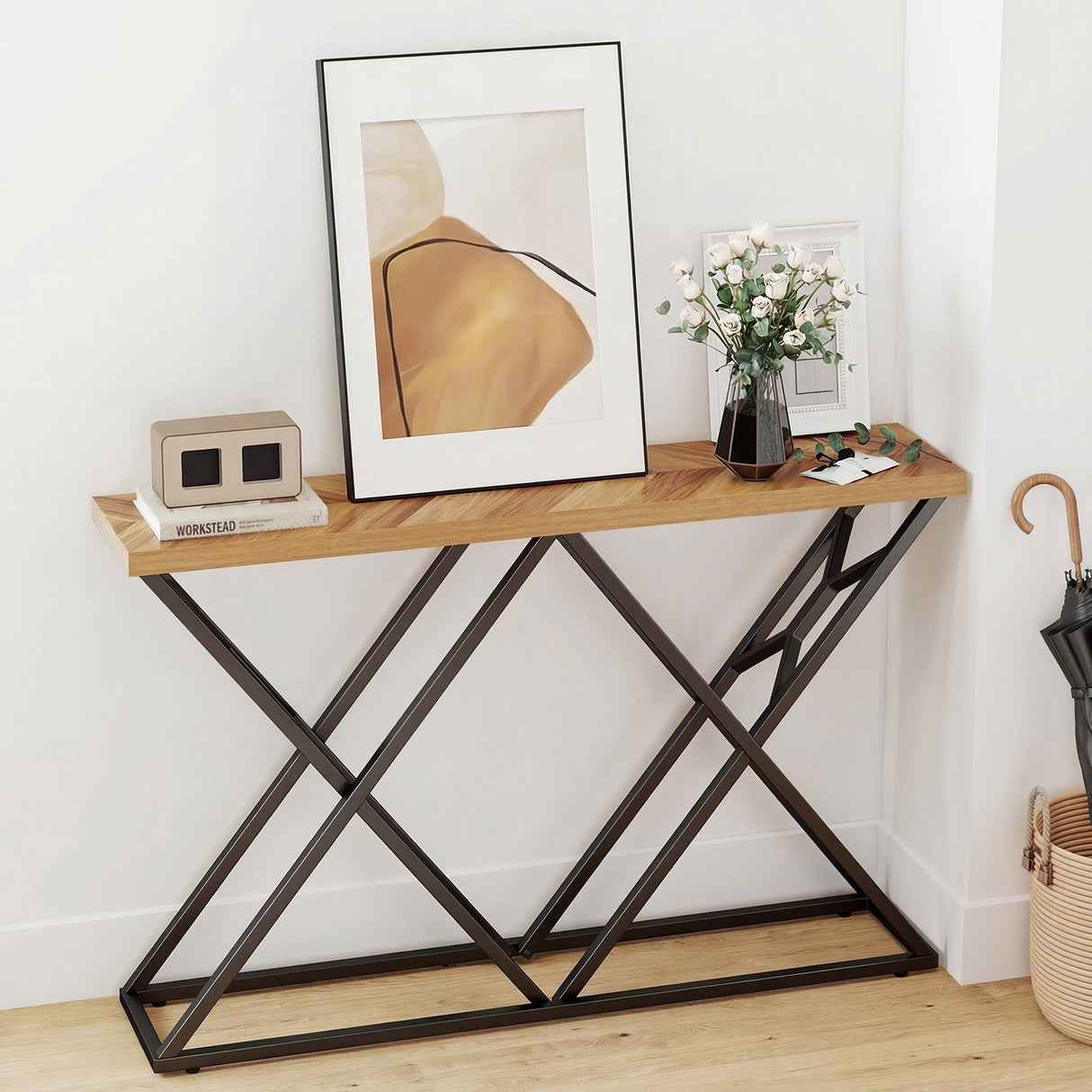 Mesa consola de 55 pulgadas con estructura de metal macizo y almacenamiento - Madera