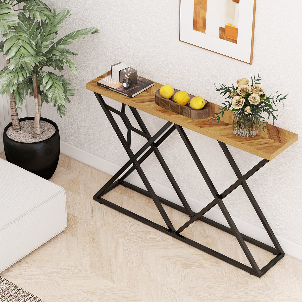 Mesa consola de 55 pulgadas con estructura de metal macizo y almacenamiento - Madera