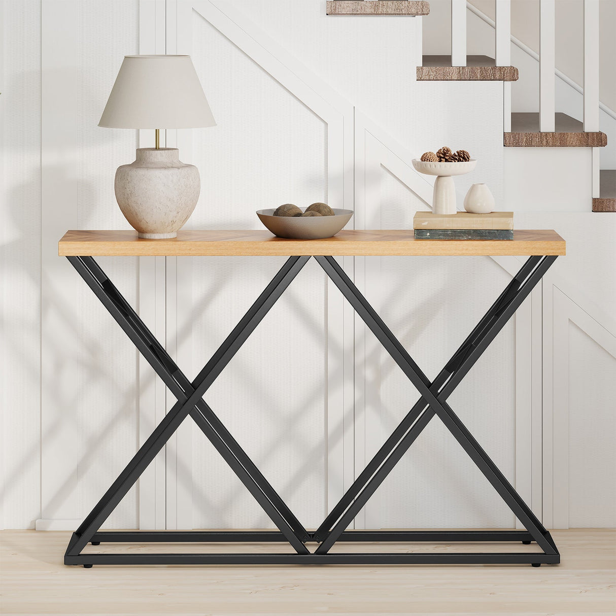 Mesa consola de 55 pulgadas con estructura de metal macizo y almacenamiento - Madera