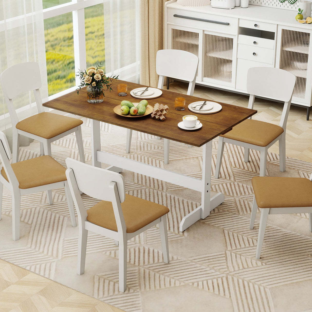 55 Inch Dining Table for 4-6 People Rectangular Kitchen Table with Solid Wood Trestle Base-Walnut