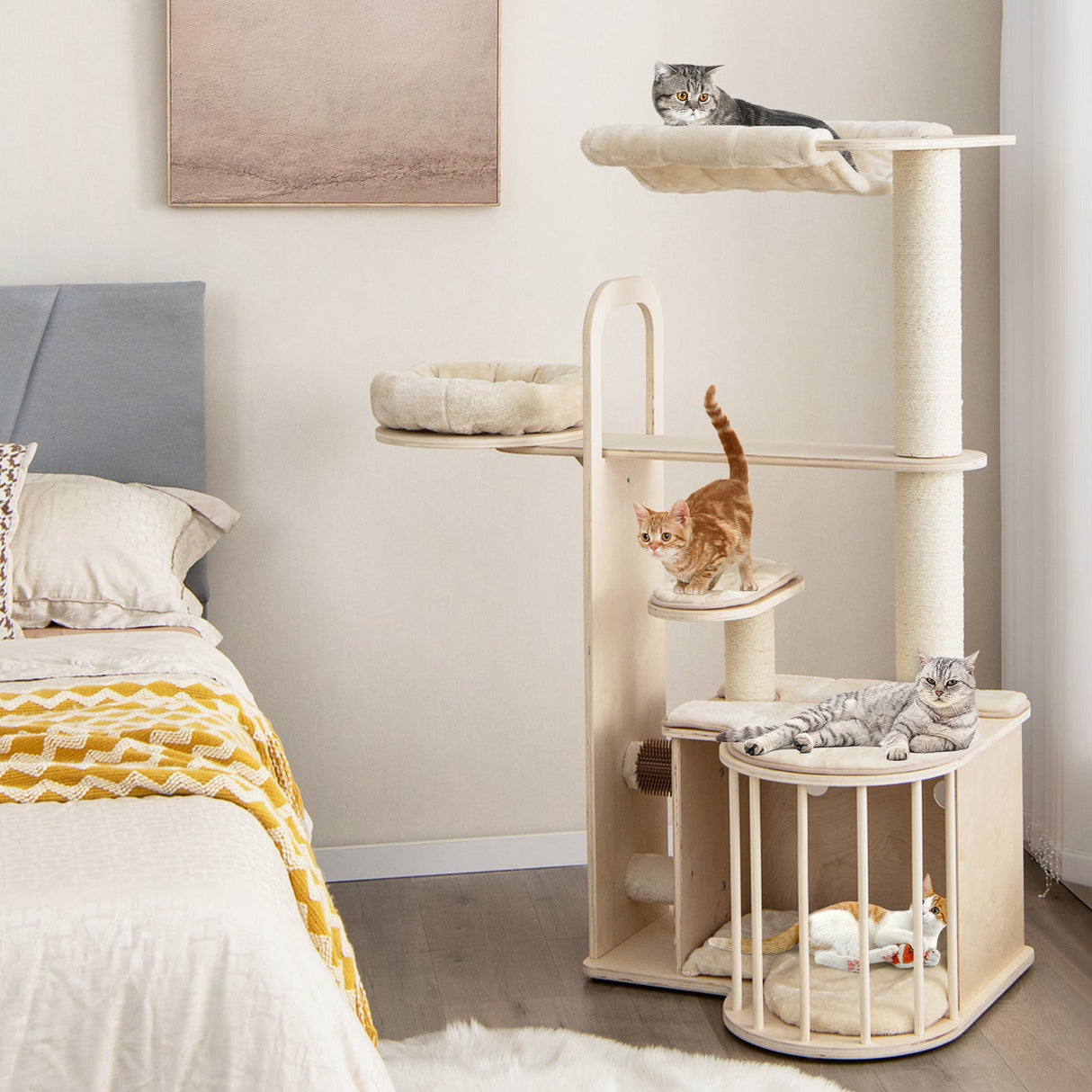 Árbol para gatos multinivel de 55 pulgadas de alto con cojines extraíbles lavables - Natural
