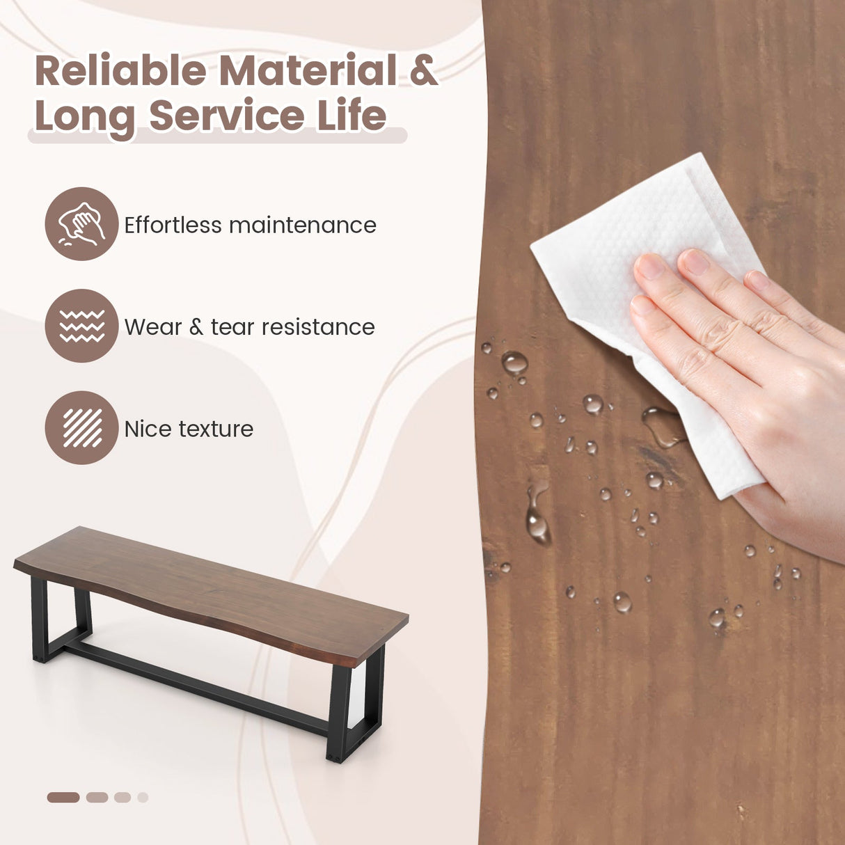 Banco de comedor de madera de 56,5 pulgadas con borde ondulado y almohadillas ajustables para los pies - Café