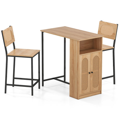 Juego de mesa y 2 sillas de bar de 3 piezas con estantes de almacenamiento y reposapiés-Natural