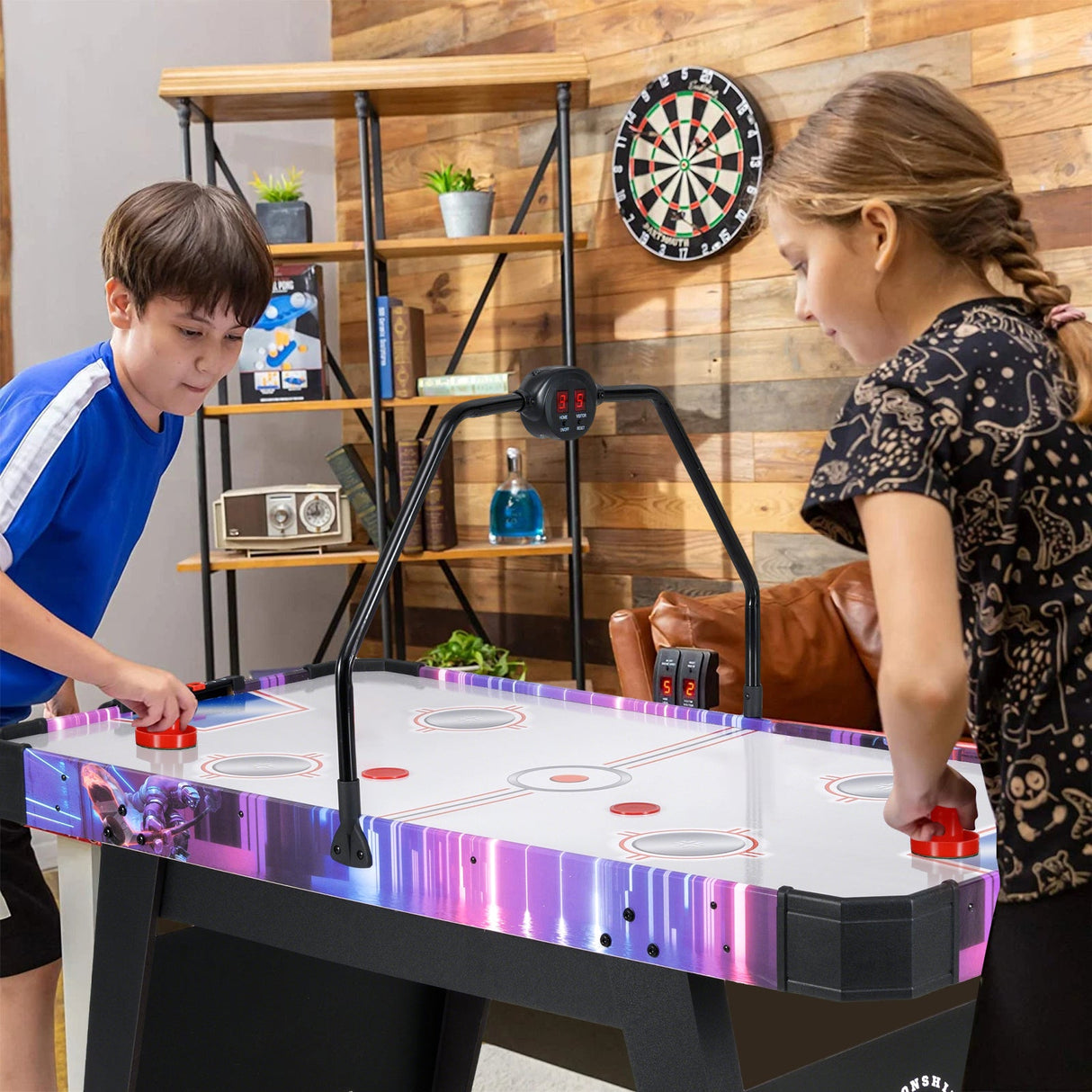 Mesa de Air Hockey de 56 pulgadas con marcador digital LED y potente motor de 12 V - Blanca
