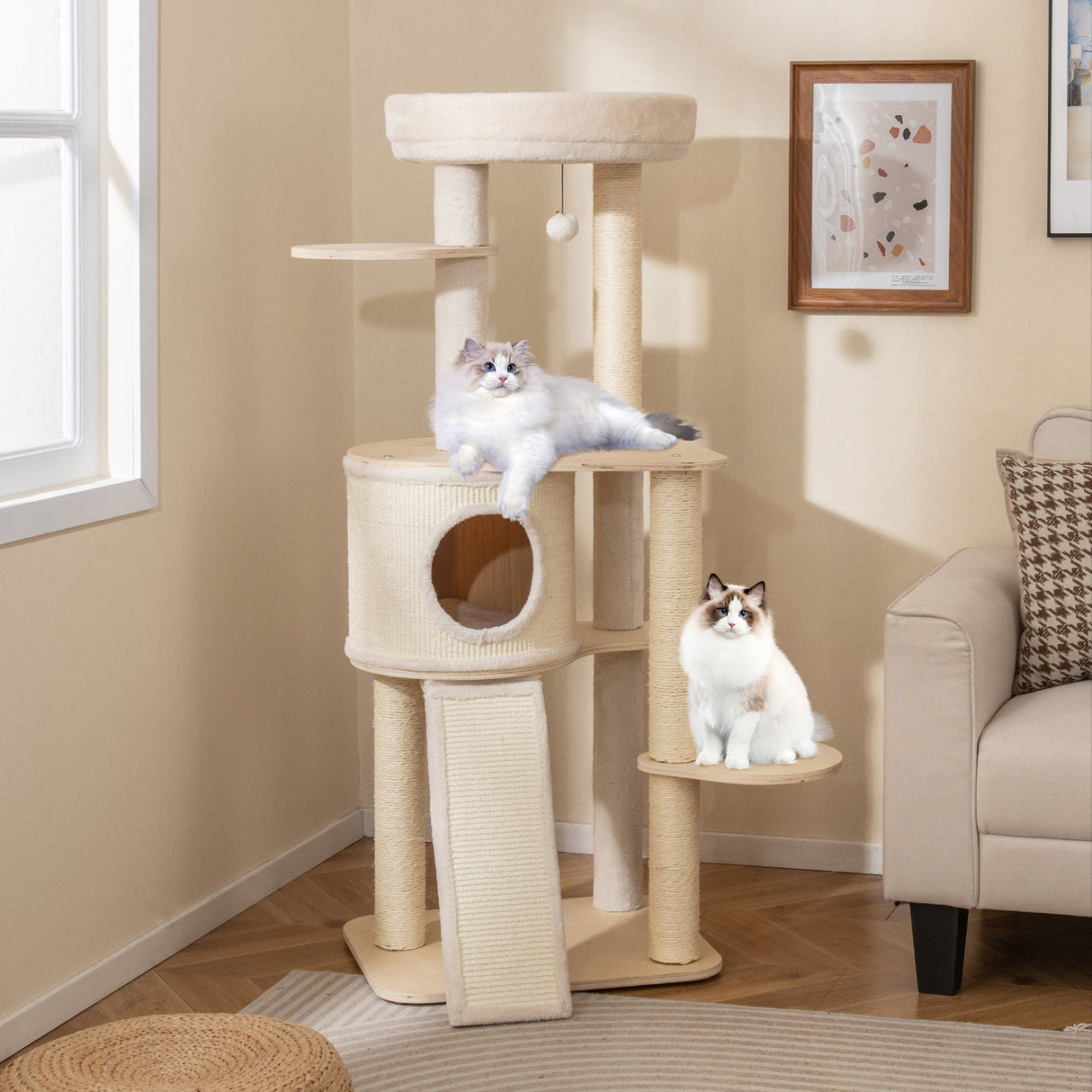 Árbol para gatos de 56 pulgadas de alto con 2 postes rascadores de sisal y escalera-NA