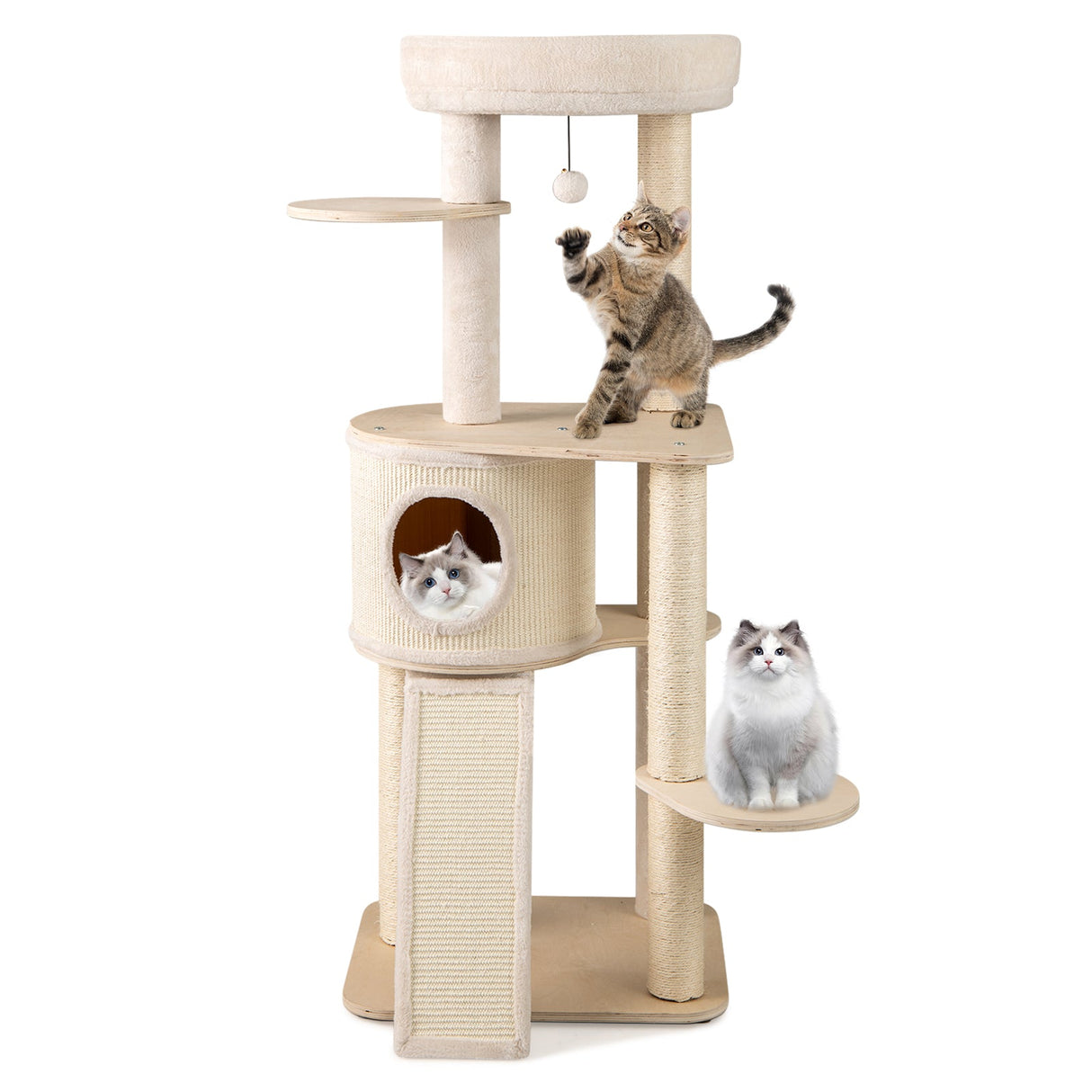 Árbol para gatos de 56 pulgadas de alto con 2 postes rascadores de sisal y escalera-NA