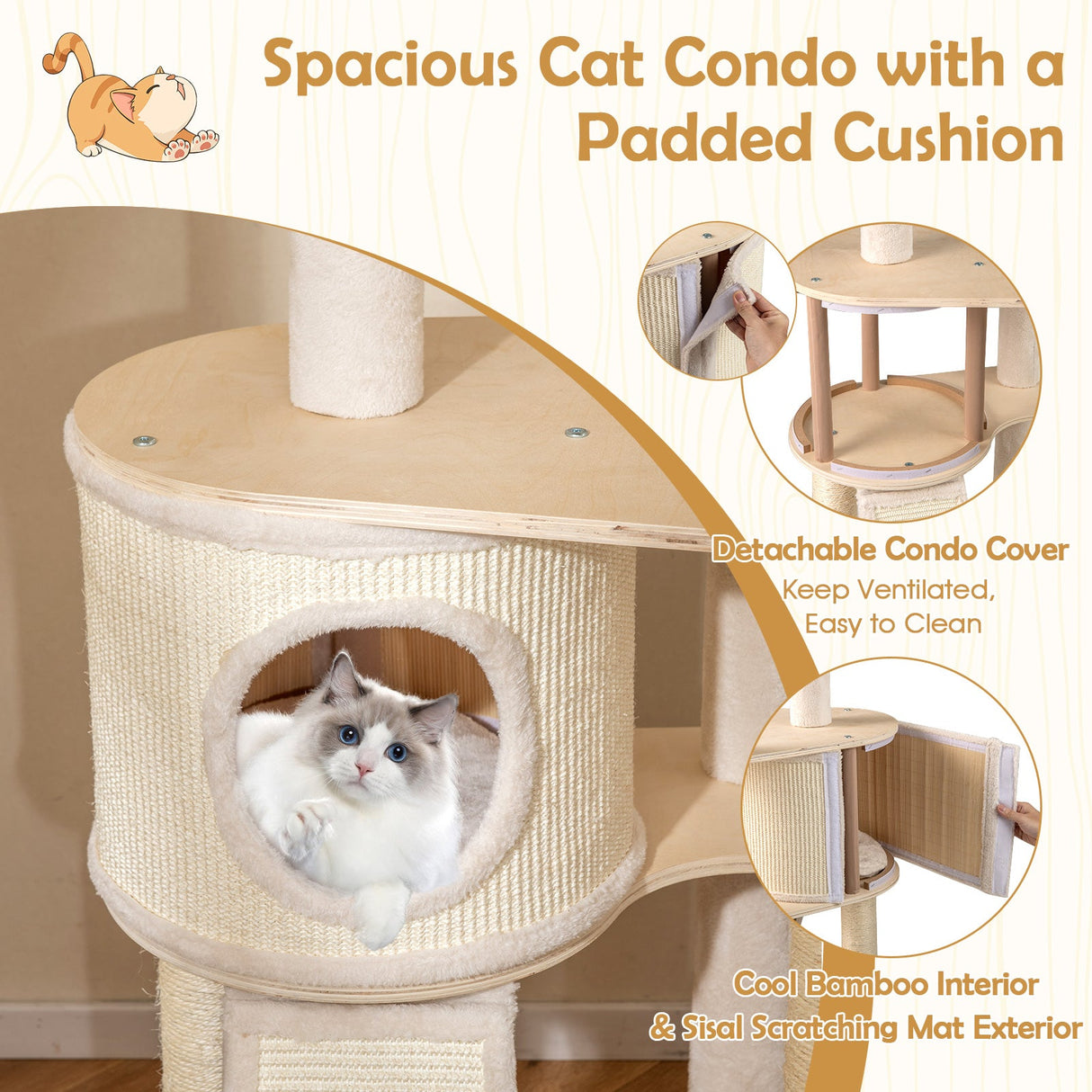 Árbol para gatos de 56 pulgadas de alto con 2 postes rascadores de sisal y escalera-NA
