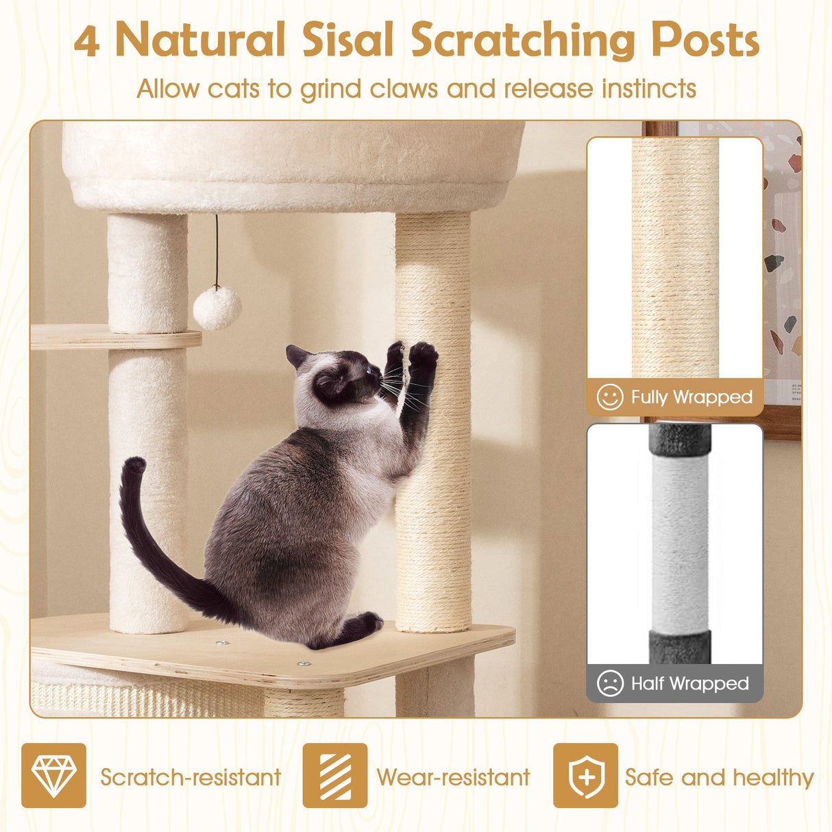 Árbol para gatos de 56 pulgadas de alto con 2 postes rascadores de sisal y escalera-NA