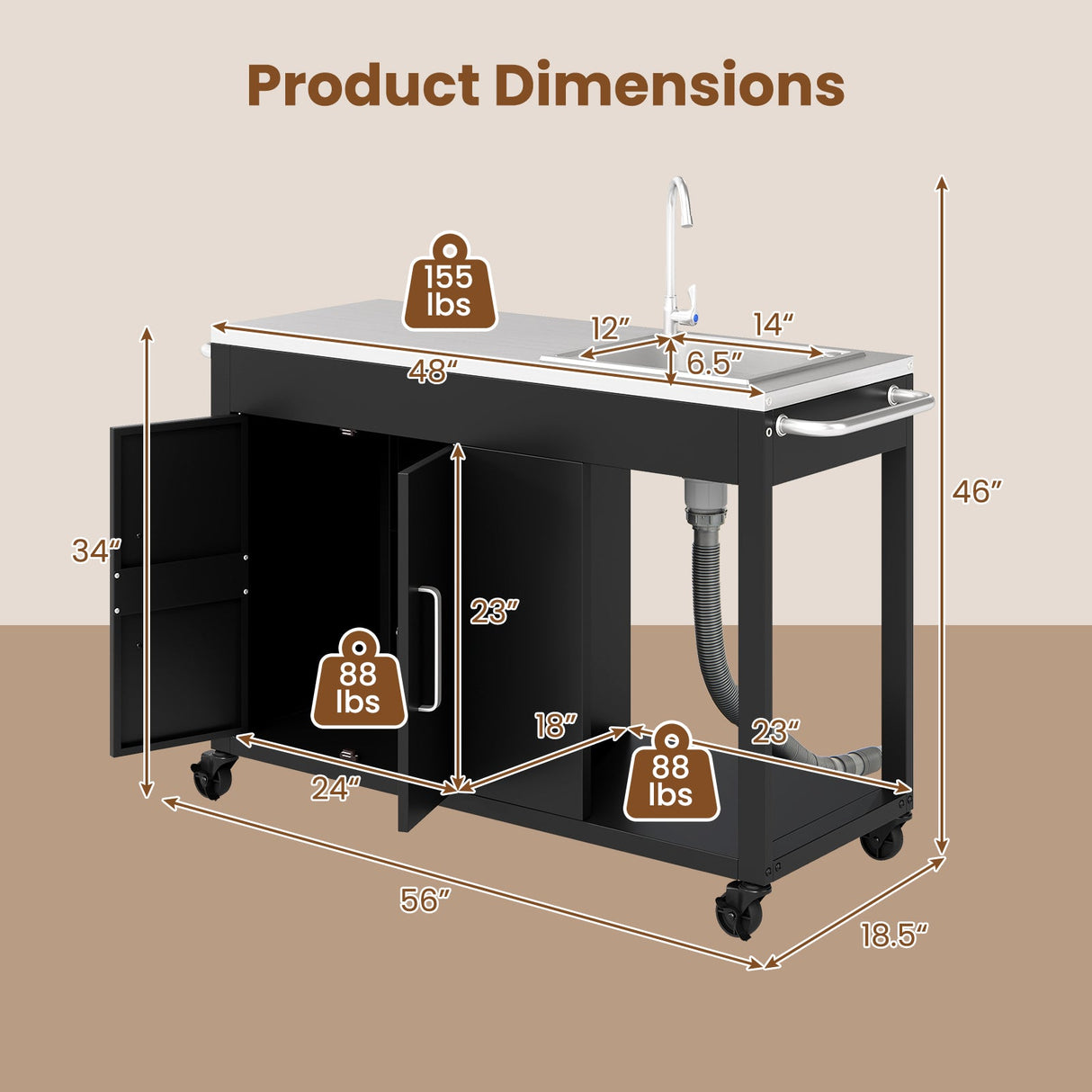 Mesa de parrilla exterior de 56 pulgadas con fregadero y tapa de acero inoxidable - Negro