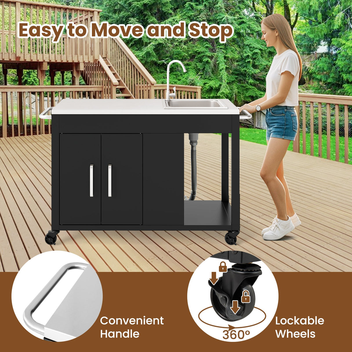 Mesa de parrilla exterior de 56 pulgadas con fregadero y tapa de acero inoxidable - Negro