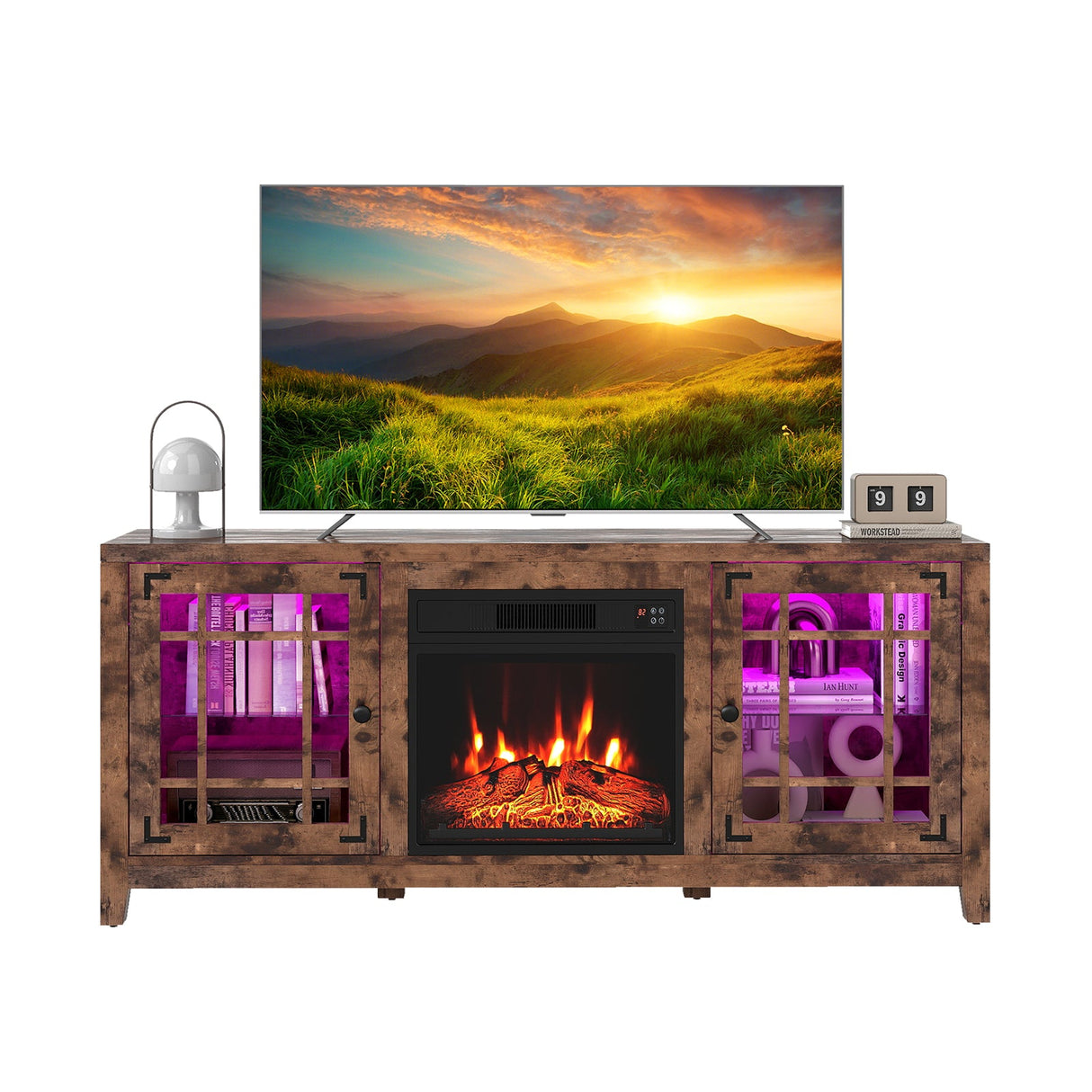 Mueble para TV de 58 pulgadas con chimenea, luces LED y chimenea eléctrica de 18 pulgadas