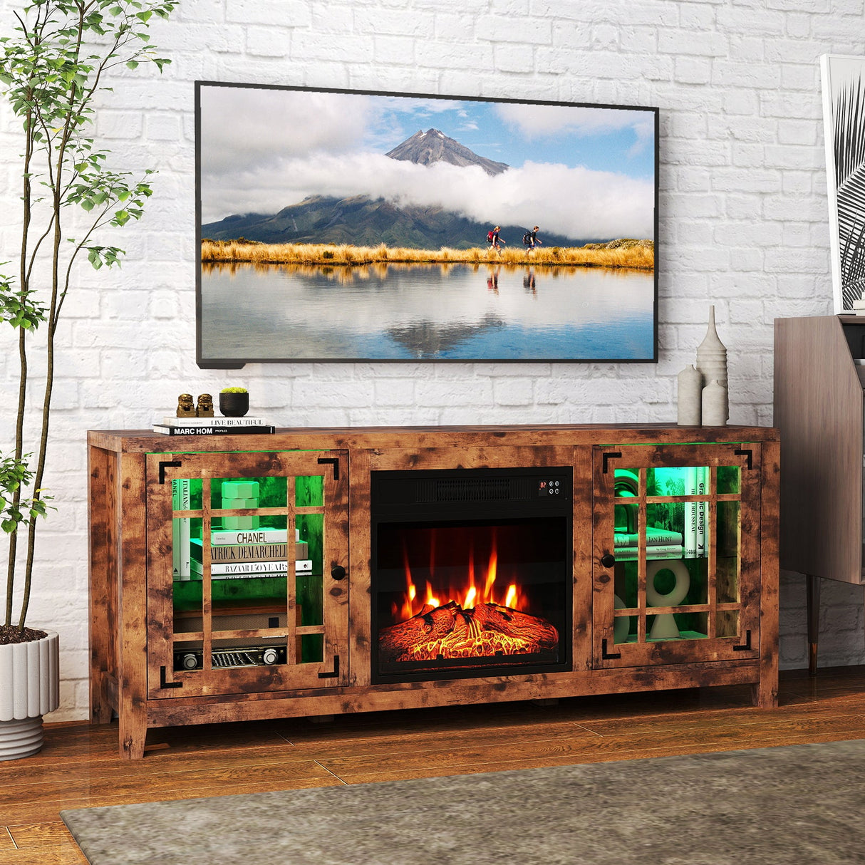 Mueble para TV de 58 pulgadas con chimenea, luces LED y chimenea eléctrica de 18 pulgadas