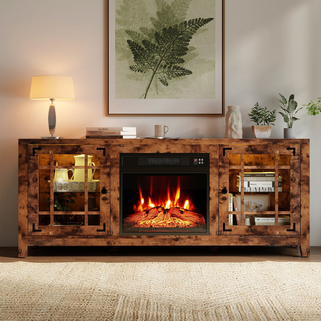 Mueble para TV de 58 pulgadas con chimenea, luces LED y chimenea eléctrica de 18 pulgadas