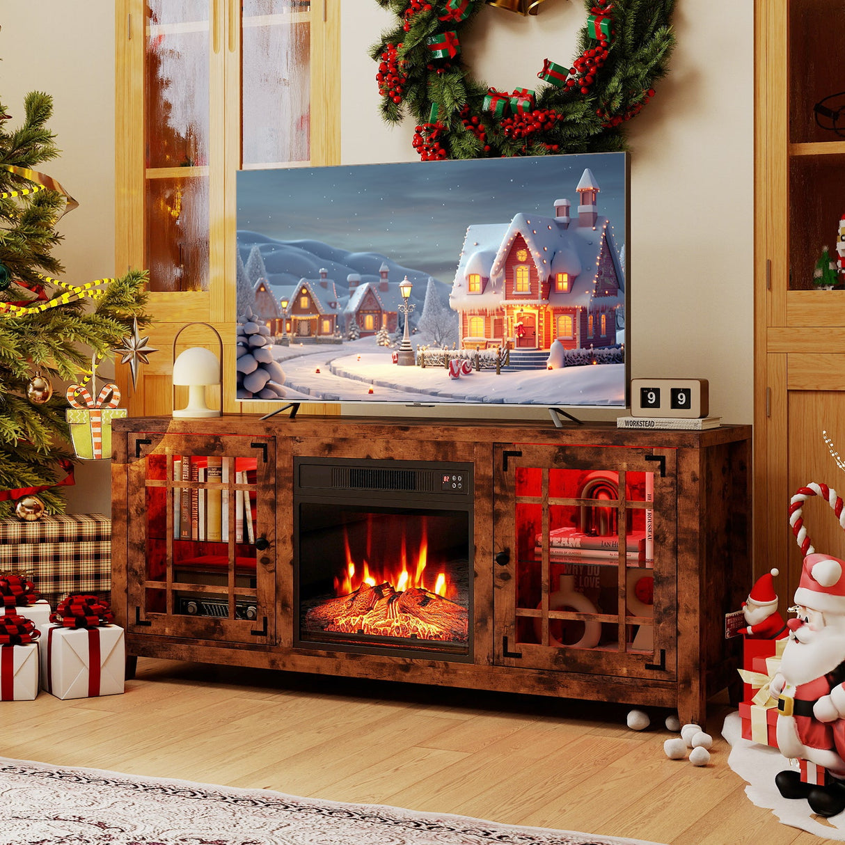 Mueble para TV de 58 pulgadas con chimenea, luces LED y chimenea eléctrica de 18 pulgadas