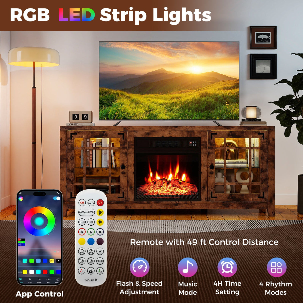 Mueble para TV de 58 pulgadas con chimenea, luces LED y chimenea eléctrica de 18 pulgadas