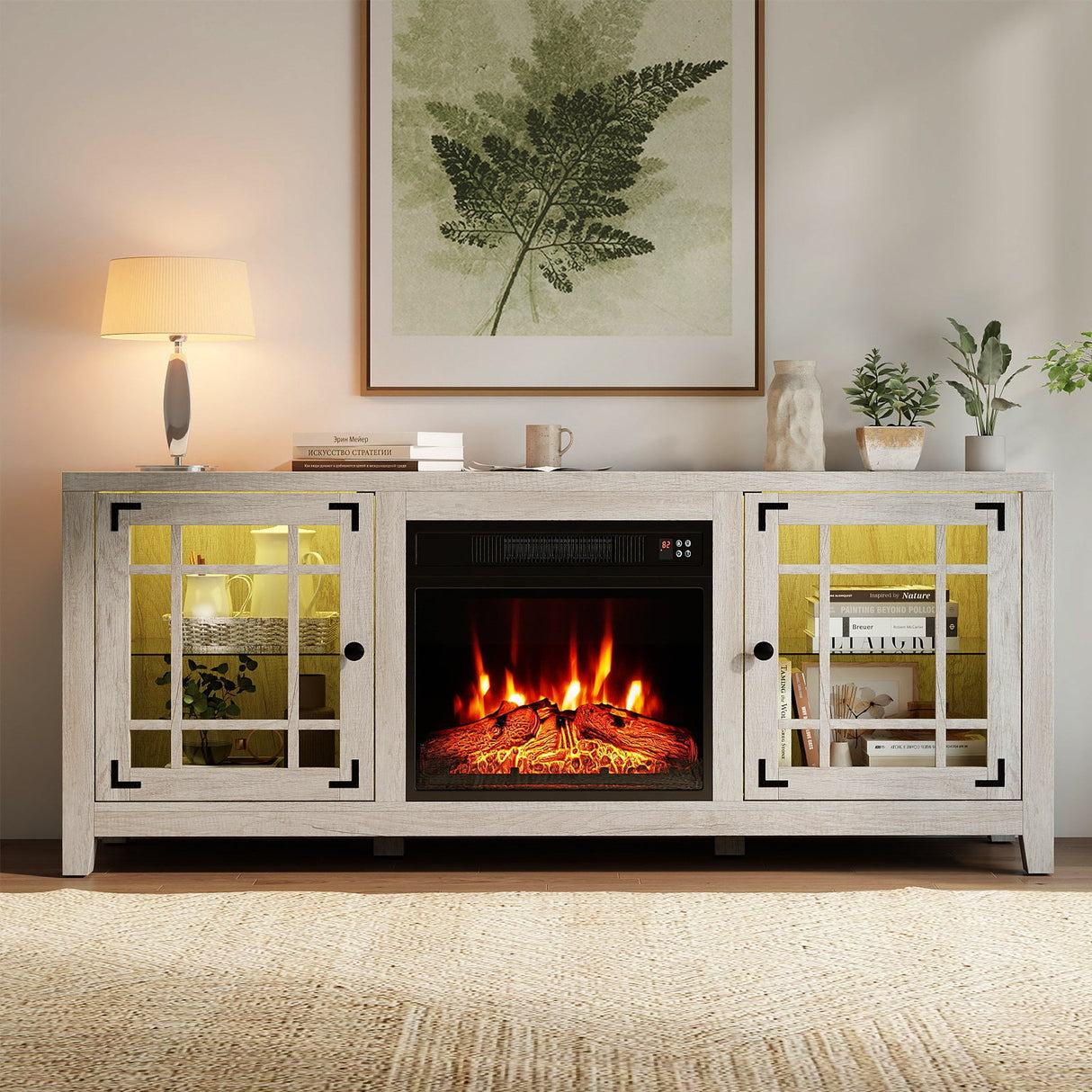 Mueble para TV de 58 pulgadas con chimenea, luces LED y chimenea eléctrica de 18 pulgadas