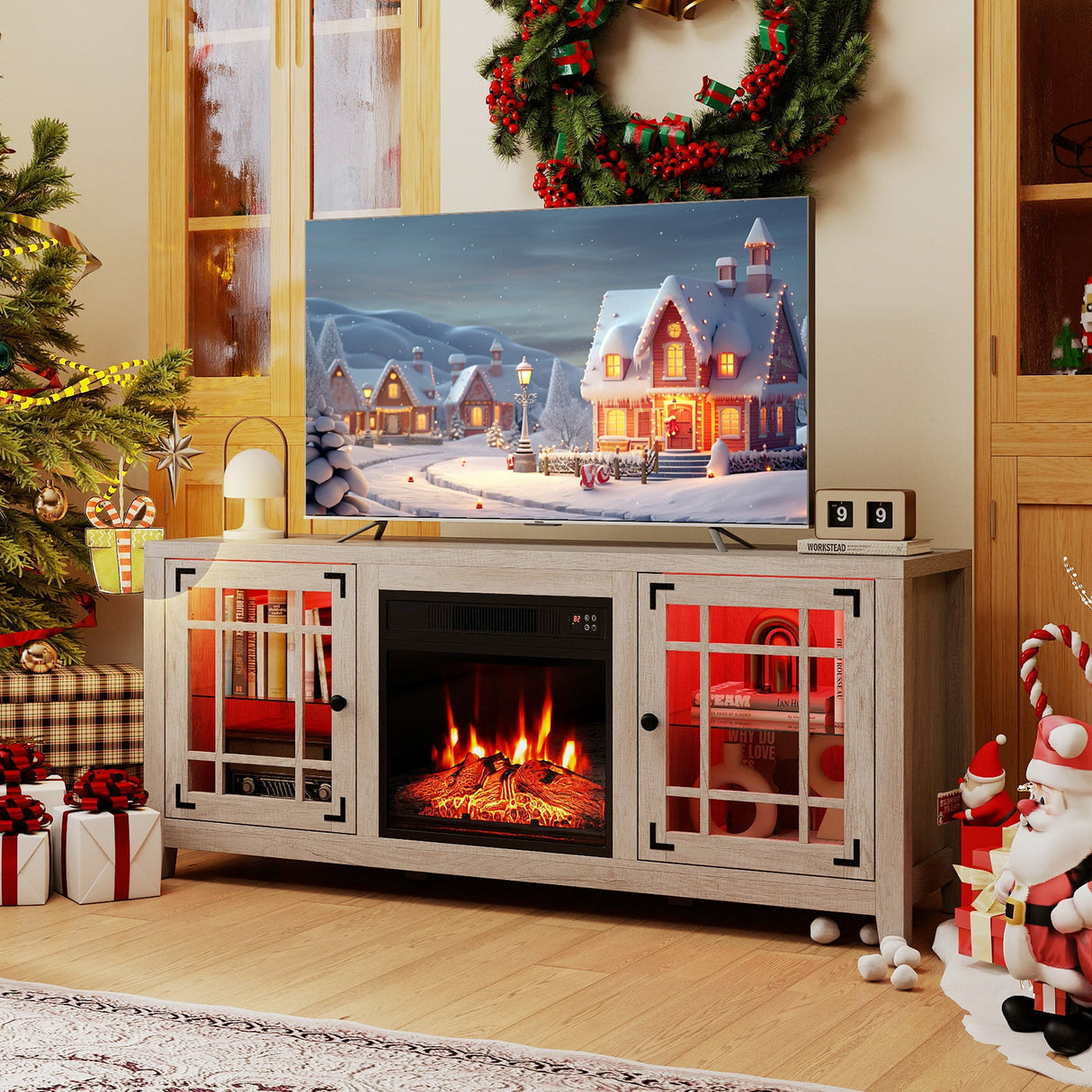 Mueble para TV de 58 pulgadas con chimenea, luces LED y chimenea eléctrica de 18 pulgadas