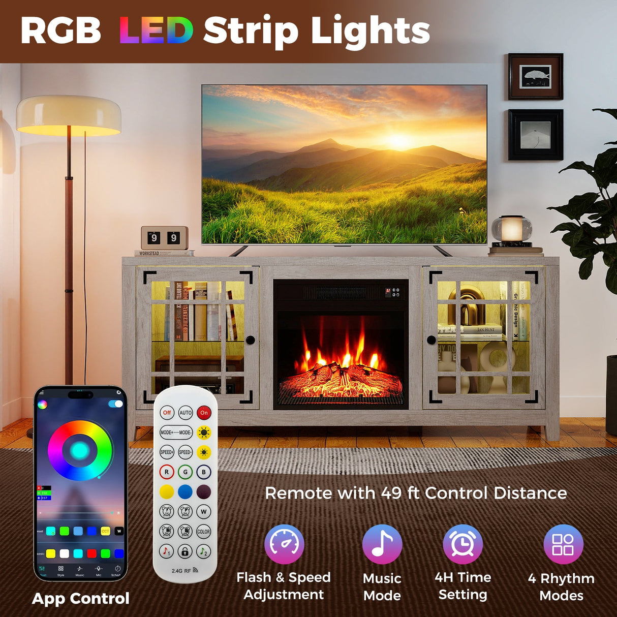 Mueble para TV de 58 pulgadas con chimenea, luces LED y chimenea eléctrica de 18 pulgadas