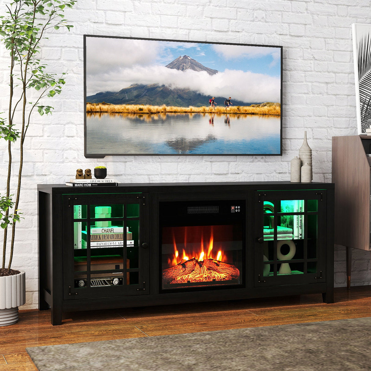 Mueble para TV de 58 pulgadas con chimenea, luces LED y chimenea eléctrica de 18 pulgadas