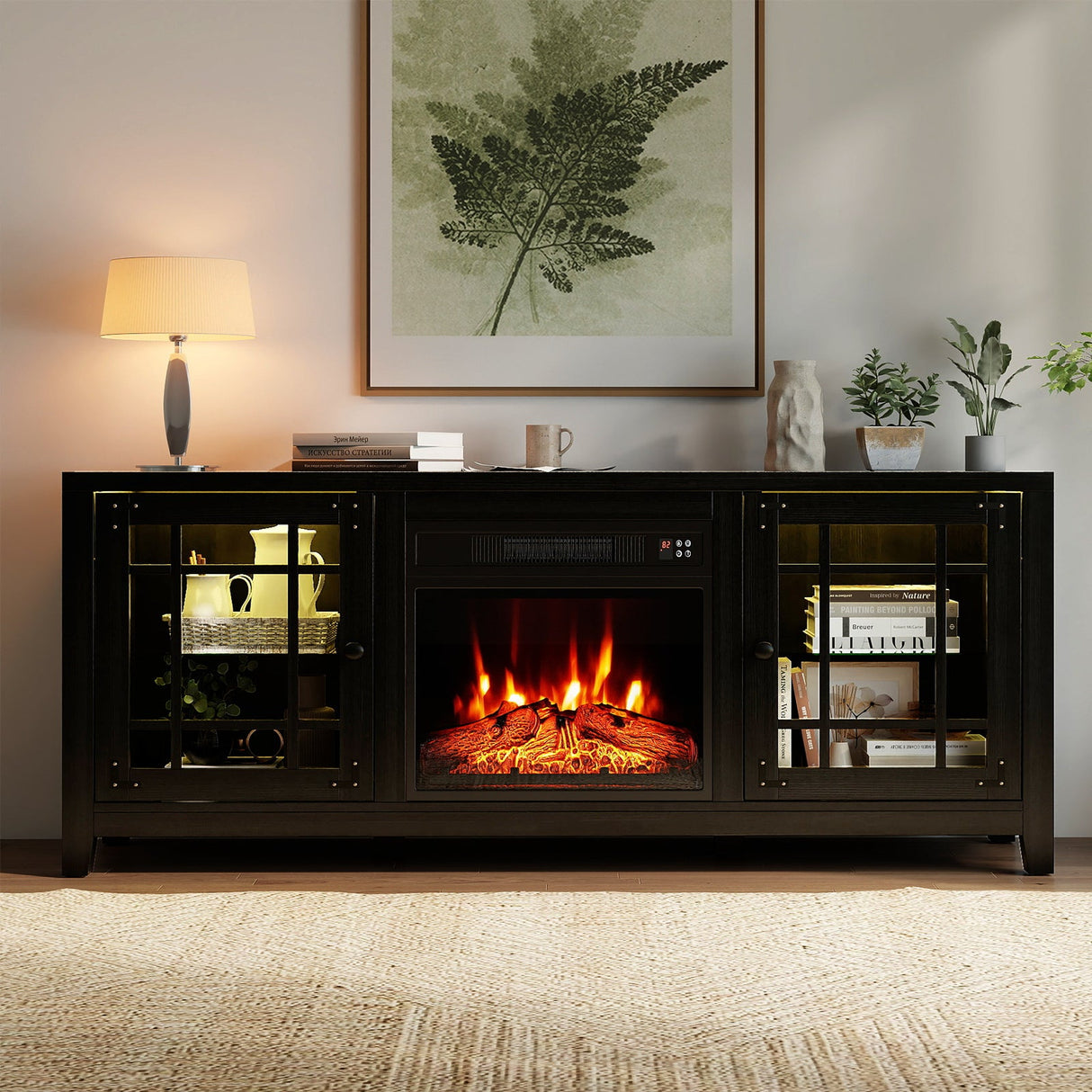 Mueble para TV de 58 pulgadas con chimenea, luces LED y chimenea eléctrica de 18 pulgadas