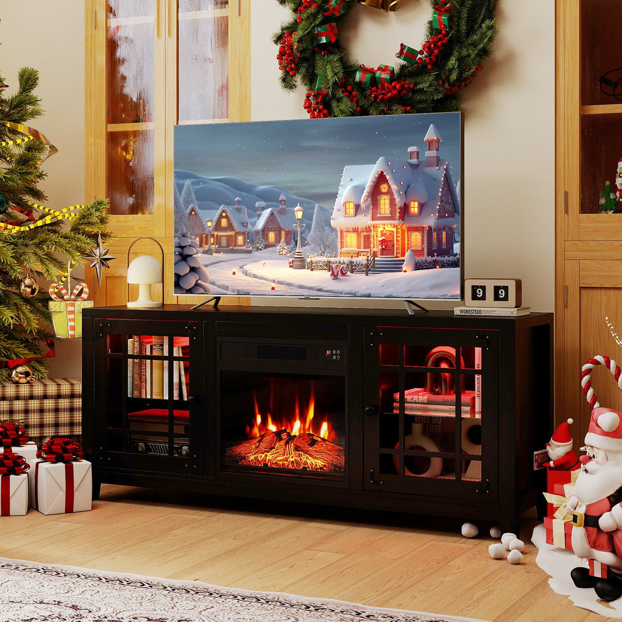 Mueble para TV de 58 pulgadas con chimenea, luces LED y chimenea eléctrica de 18 pulgadas