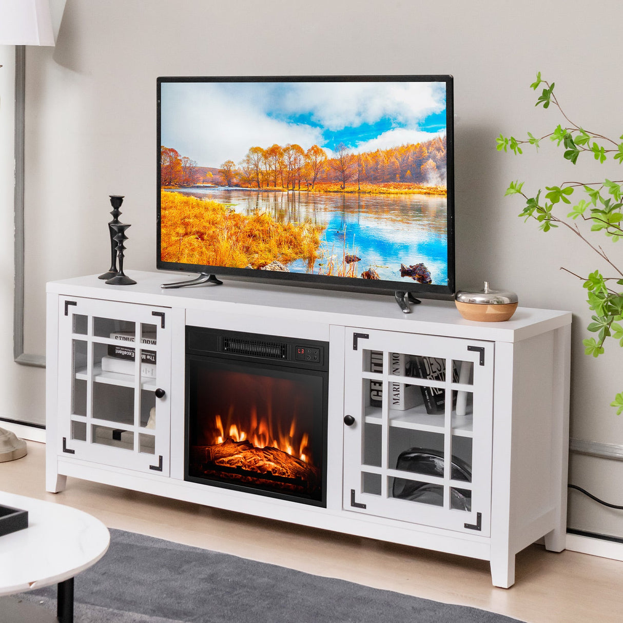 Mueble para TV con chimenea de 58 pulgadas con estantes ajustables para televisores de hasta 65 pulgadas - Blanco