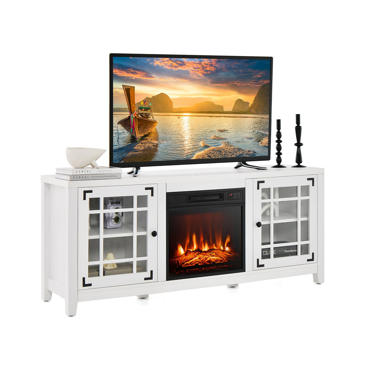 Mueble para TV con chimenea de 58 pulgadas con estantes ajustables para televisores de hasta 65 pulgadas - Blanco